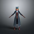 Woman Wearing Blue Headpiece Long Coat Red Vest Brown Gloves And Boots