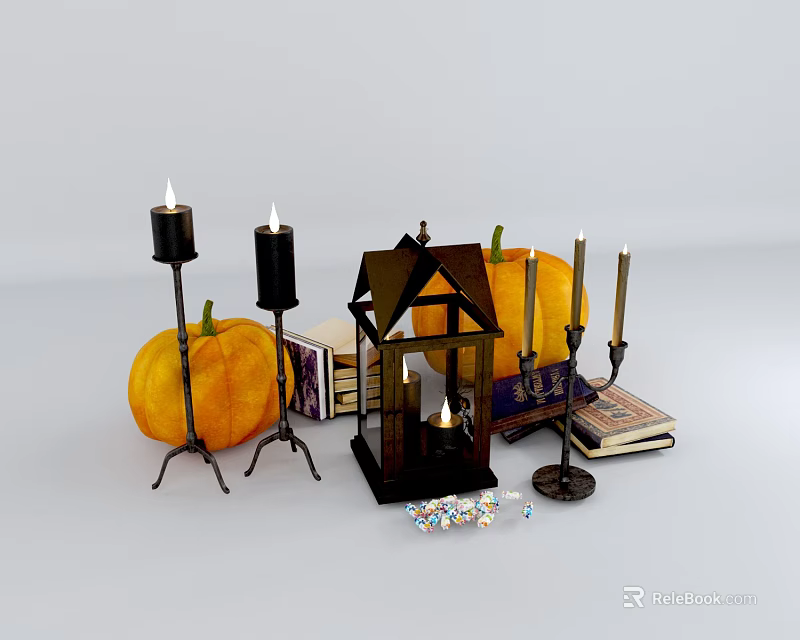 Elegant Decorative Ornament Set With Pumpkins Candles Lantern Books And Small Ornaments 3d model 