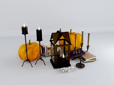 Elegant Decorative Ornament Set With Pumpkins Candles Lantern Books And Small Ornaments 3d model