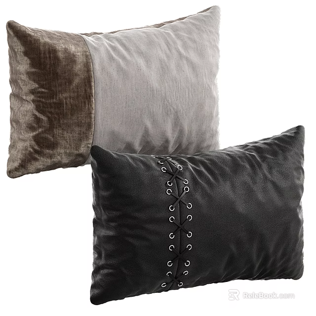 Brown Gray and Black Decorative Pillows with Velvet Leather and Lace Up Design 3d model 