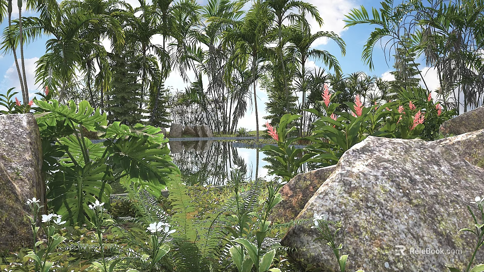 Lush Tropical Arbor Trees in Natural Garden With Reflective Pond And Colorful Flowers 3d model 