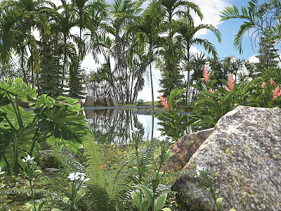 Lush Tropical Arbor Trees in Natural Garden With Reflective Pond And Colorful Flowers 3d model