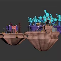 Vibrant Cartoon Scene With Floating Islands Round Structure Blue Plants Colorful Terrain And Tiny Figures