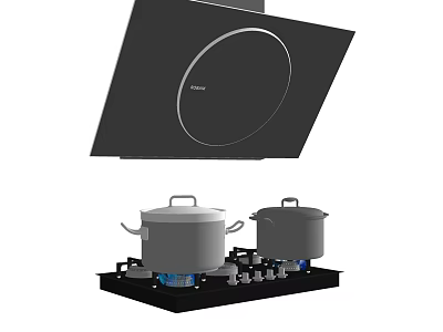 Modern Kitchen Appliances Featuring Range Hood Gas Stove And Cooking Pots 3d model