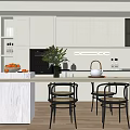 Modern Restaurant Kitchen Interior With White Cabinets Island Counter Chairs Plant And Natural Light