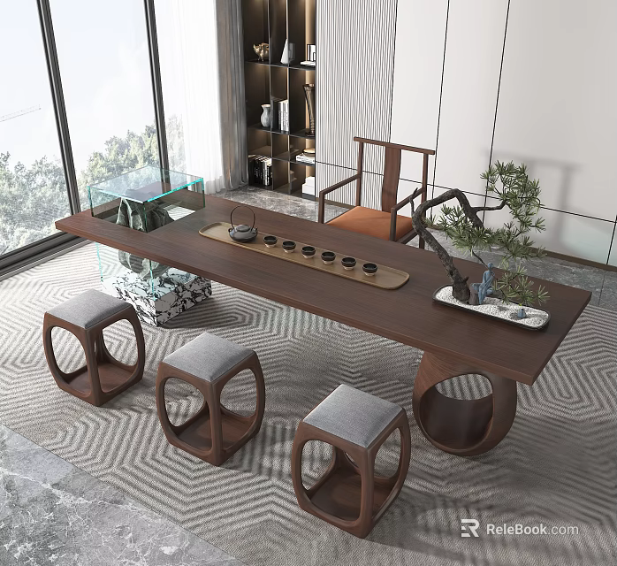Modern Chinese Long Wooden Tea Table With Round Stools Tea Sets And Green Plant 3d model 