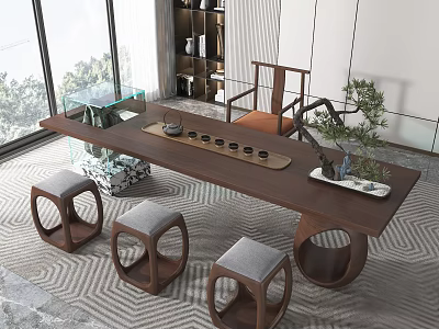 Modern Chinese Long Wooden Tea Table With Round Stools Tea Sets And Green Plant 3d model
