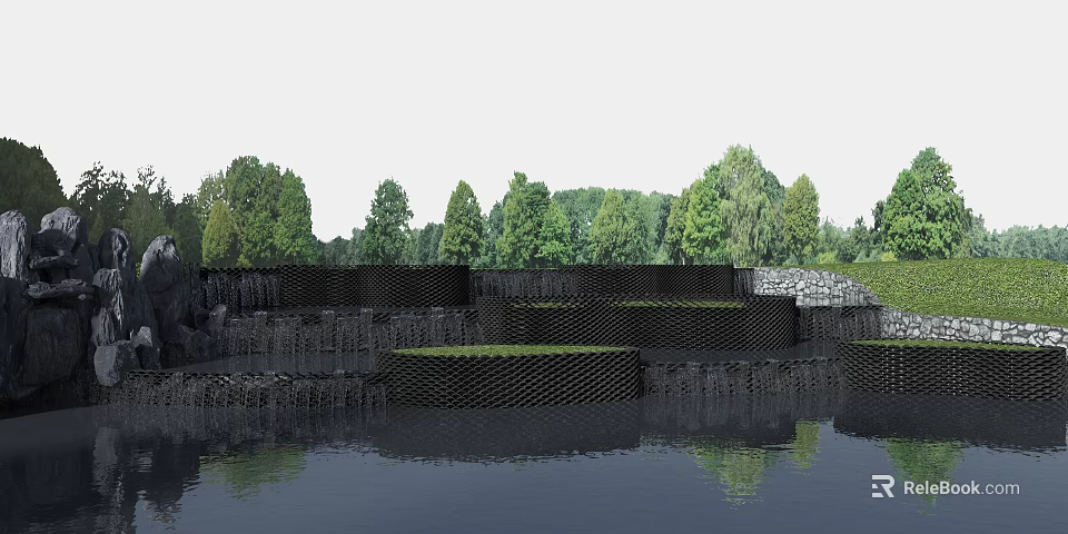 Modern Garden Landscape With Multi tiered Black Mesh Structures Green Trees Calm Water And Reflections 3d model 