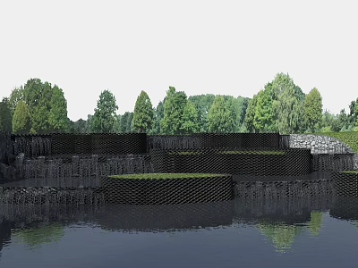 Modern Garden Landscape With Multi tiered Black Mesh Structures Green Trees Calm Water And Reflections 3d model