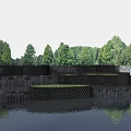 Modern Garden Landscape With Multi tiered Black Mesh Structures Green Trees Calm Water And Reflections