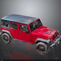 Red Off Road Jeep Style Vehicle With Blue Roof Large Tires And Rugged Body Design