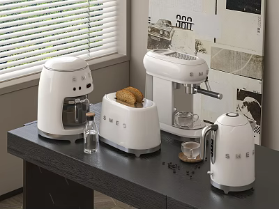 White Kitchen Appliances On Black Countertop With Toaster Coffee Machine Kettle And Loaf Of Bread 3d model
