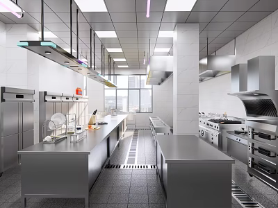 Modern Commercial Kitchen With Stainless Steel Worktables Ventilation System And Lighting 3d model