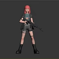 3D Anime Character With Pink Hair Green Top Black Jacket Shorts Fishnet Stockings And Rifle
