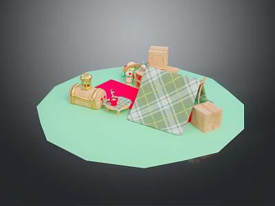 Cozy Household Items Arrangement With Plaid Blanket Wooden Boxes Red Mat And Container 3d model