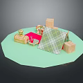 Cozy Household Items Arrangement With Plaid Blanket Wooden Boxes Red Mat And Container