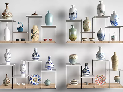 Ceramic Wares Displayed on Shelves Including Vases Plates and Decorative Pieces 3d model