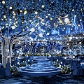 Luxurious Blue Runway With Curved Designs Gold Lines White Lights and Flower Decorations