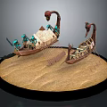 Dragon Headed Boats On Sandy Ground With Blue Structures And Sails 3d model