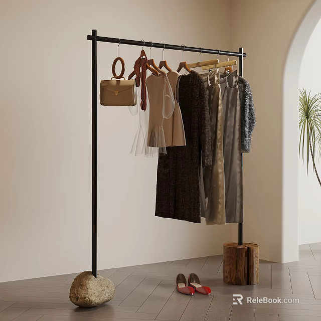 Modern Black Clothes Hanger Rack With Hanging Clothes And Brown Handbag Indoor 3d model 