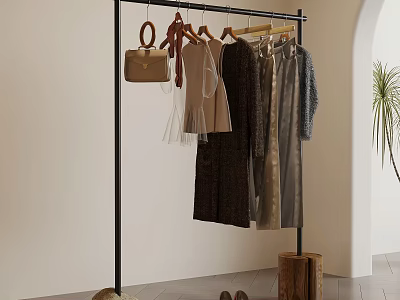 Modern Black Clothes Hanger Rack With Hanging Clothes And Brown Handbag Indoor 3d model
