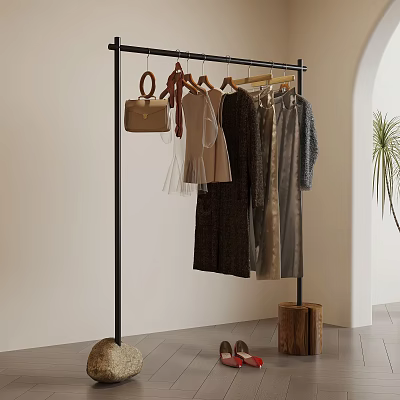 Modern Black Clothes Hanger Rack With Hanging Clothes And Brown Handbag Indoor 3d model