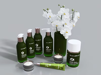 Bathroom Accessories With Green Bottles White Orchid Candles And Dayjoy Jar 3d model