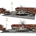 Modern Living Room Brown Leather Sofa Coffee Table Set With Floor Lamp Armchair And Rug