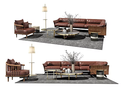 Modern Living Room Brown Leather Sofa Coffee Table Set With Floor Lamp Armchair And Rug 3d model