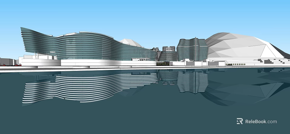 Modern Hotel Building Exterior Featuring Glass Curtain Walls And Water Reflection 3d model 