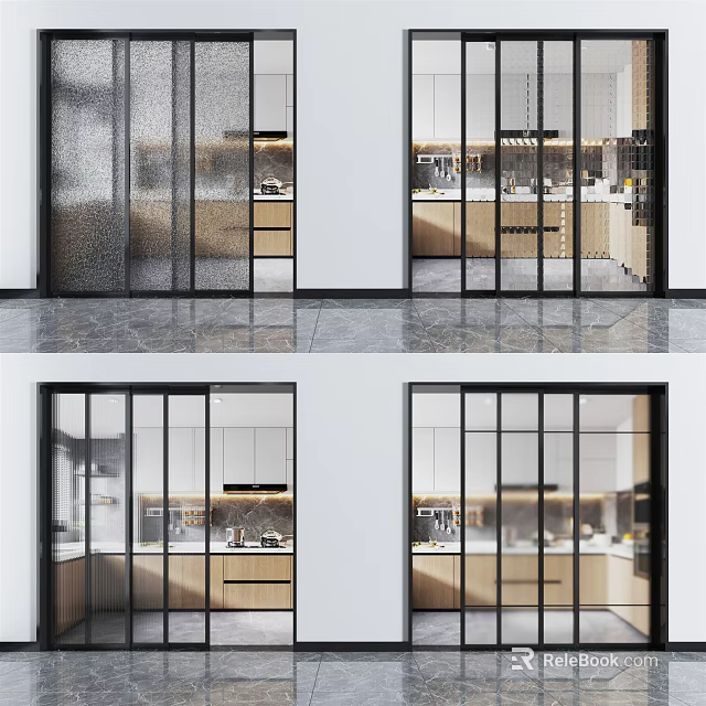 Modern Kitchen Interior With Black Framed Sliding Glass Doors And Cabinets 3d model 
