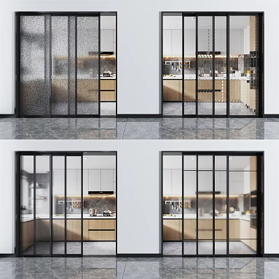 Modern Kitchen Interior With Black Framed Sliding Glass Doors And Cabinets 3d model