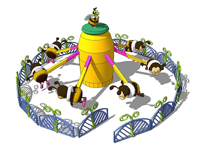 Bee Themed Rotating Amusement Ride with Yellow Central Column Bee Shaped Seats and Blue Fences 3d model