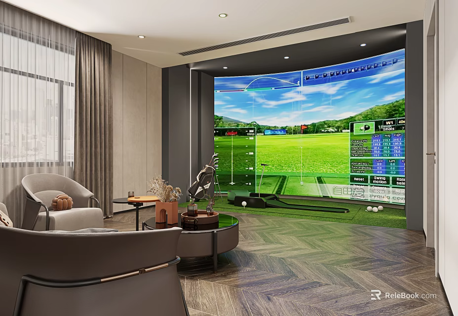 Leisure Area With Large Screen Golf Course Projection Sofa Coffee Table And Wooden Flooring 3d model 