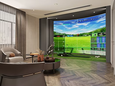 Leisure Area With Large Screen Golf Course Projection Sofa Coffee Table And Wooden Flooring 3d model