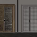 Modern Double Door with Sleek Frame Wooden Texture and Dark Gray Grid Pattern 3d model