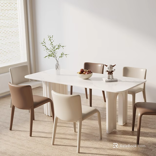 Modern White Dining Table Set With Beige Brown Chairs Greenery Fruit Bowl And Decor 3d model 