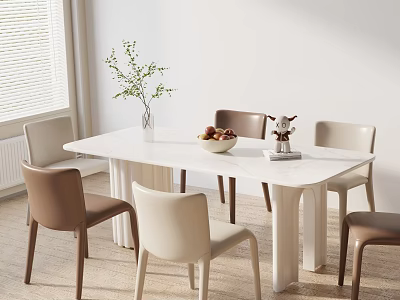 Modern White Dining Table Set With Beige Brown Chairs Greenery Fruit Bowl And Decor 3d model