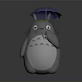 Cute 3D Totoro Character Holding Blue Umbrella With Green Hat Against Gray Background