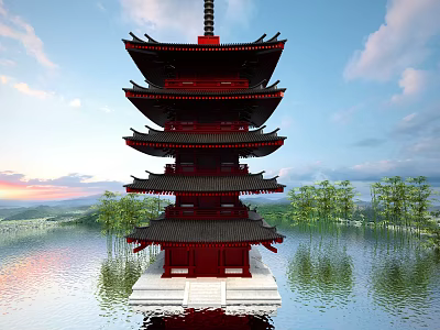 Red Five Tiered Pagoda With Black Roof By Water Bamboo Trees And Distant Mountains 3d model