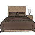 Elegant Double Bed With Textured Headboard Brown Ruffled Bedding And Nightstand Table Lamp 3d model