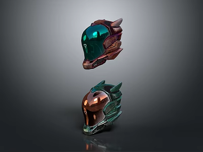 Pair of Futuristic Metallic Helmets With Ornate Horns Suspended In Dark Background 3d model