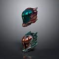 Pair of Futuristic Metallic Helmets With Ornate Horns Suspended In Dark Background