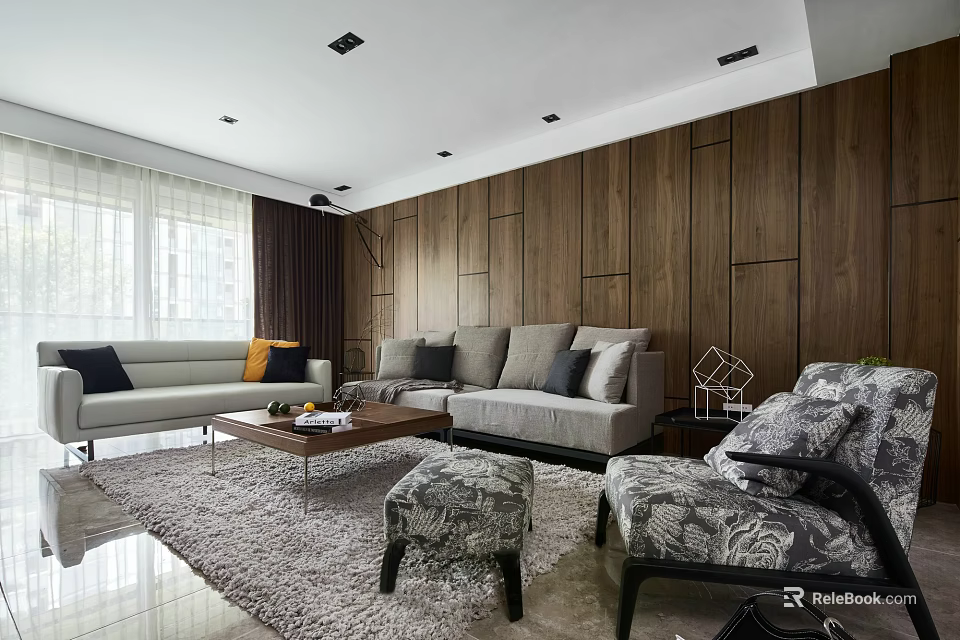 Elegant Restaurant Interior With Wooden Wall Sofa Seating Dining Table And Area Rug 3d model 