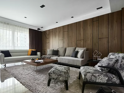Elegant Restaurant Interior With Wooden Wall Sofa Seating Dining Table And Area Rug 3d model