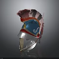 Ornate Ancient Warrior Helmet Featuring Blue Front Red Gold Trim And Feather Plume