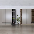 Modern Wardrobe Design With Light And Dark Panels Open Shelves And Potted Plants