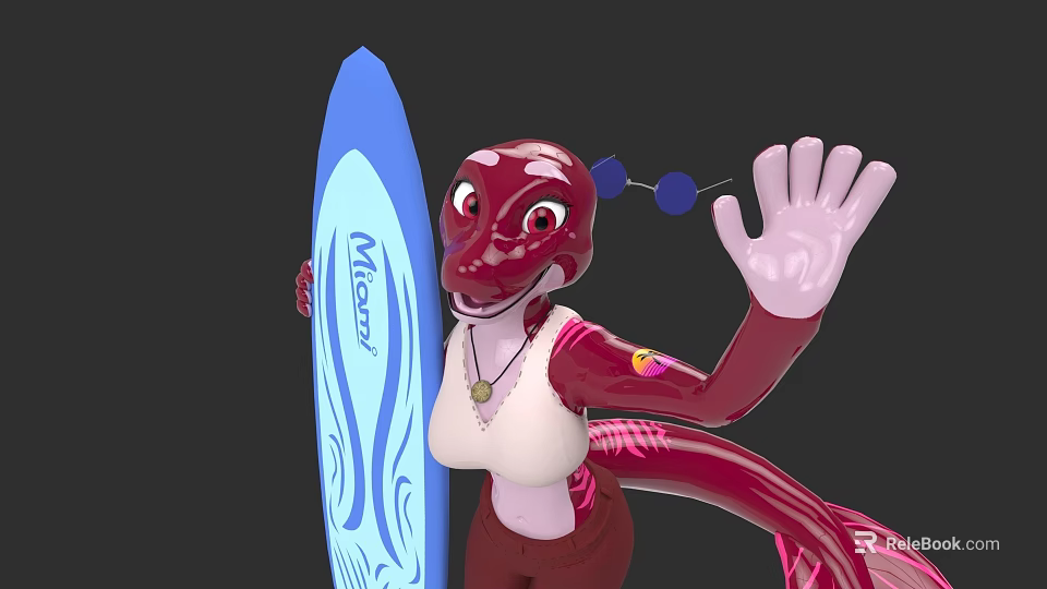 Red Cartoon Woman Waving Hand Holding Miso Blue Surfboard With Necklace And Brown Pants 3d model 