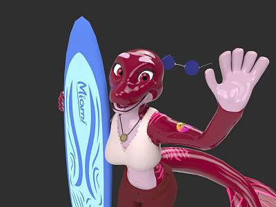Red Cartoon Woman Waving Hand Holding Miso Blue Surfboard With Necklace And Brown Pants 3d model