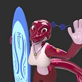 Red Cartoon Woman Waving Hand Holding Miso Blue Surfboard With Necklace And Brown Pants